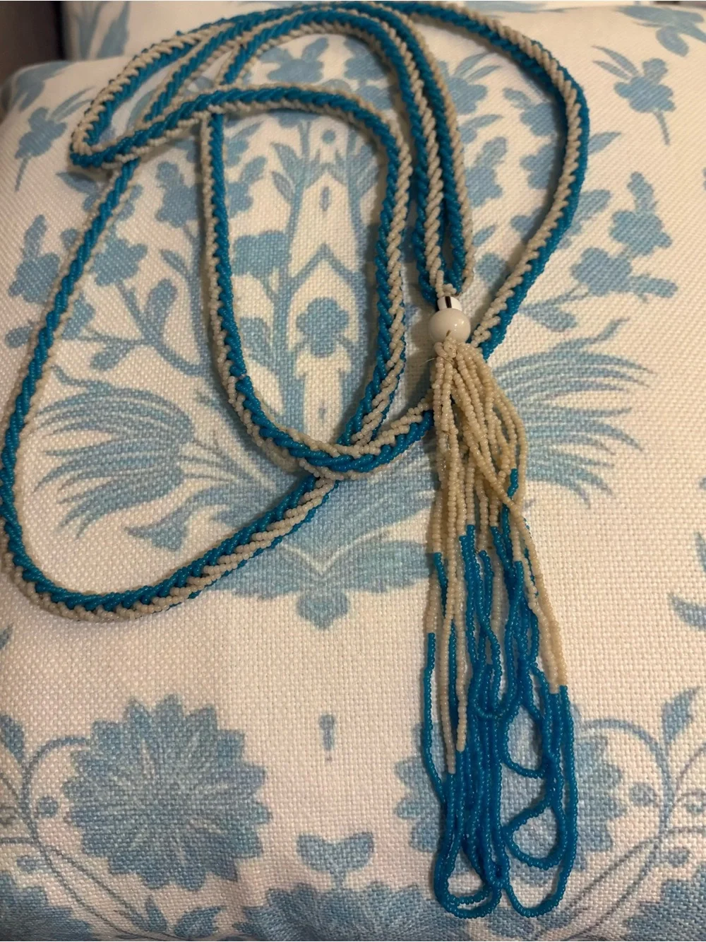 Antique Art Deco Blue & White Flapper Sautoir Beaded Lariat Necklace
